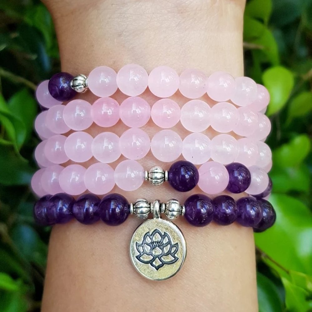 108 Mala Bead Amethyst Rose Quartz Healing Meditation Yoga Women Bracelet Gifts